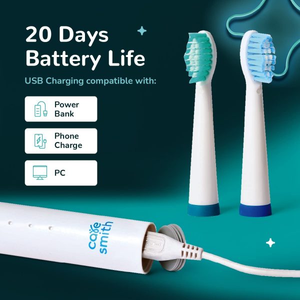 Caresmith Spark Rechargeable Electric Toothbrush | 6 Operating Modes | 40000 Vibrations per Minute | 2 Brush Heads (White) - Image 6