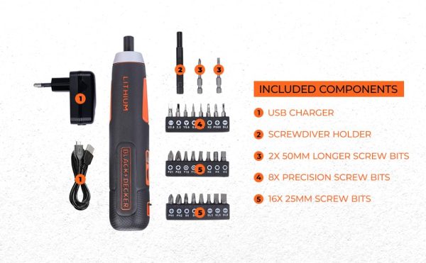 BLACK+DECKER BD40K27 4V 6.35mm Li-ion Cordless Screwdriver with E-Clutch and Intelligent Torque System with 2 LED Worklights & 27-Piece Accessories for Home & DIY Use, 1 Year Warranty, ORANGE & BLACK - Image 12