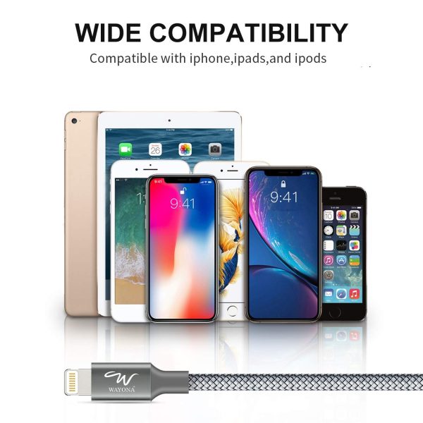 Wayona Nylon Braided USB to Lightning Fast Charging and Data Sync Cable Compatible for iPhone 13, 12,11, X, 8, 7, 6, 5, iPad Air, Pro, Mini (3 FT Pack of 1, Grey) - Image 2