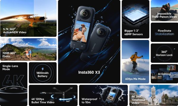 insta360 X3 Action Camera, 1/2" Sensor, 5.7K 360 Capture, Optical Zoom 3X, 72 MP 360 Photo, 4K Single Lens Mode, Black - Image 8